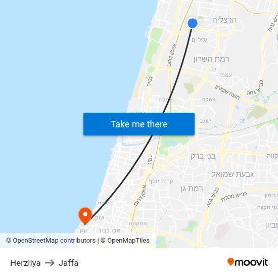 Herzliya to Jaffa map