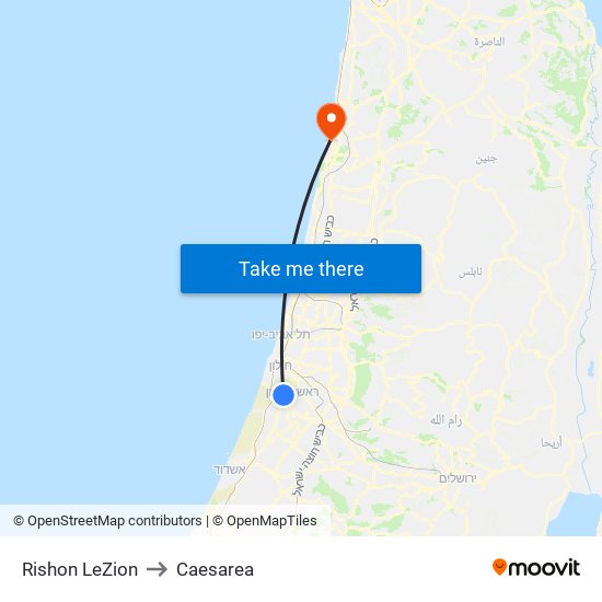Rishon LeZion to Caesarea map