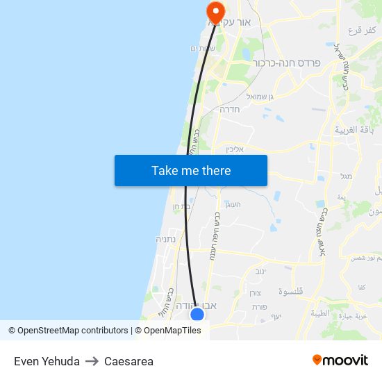 Even Yehuda to Caesarea map