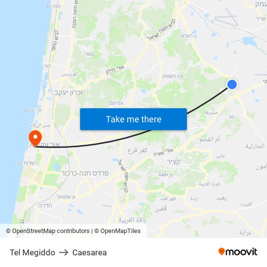 Tel Megiddo to Caesarea map