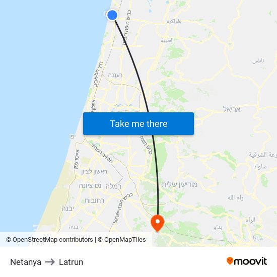 Netanya to Latrun map