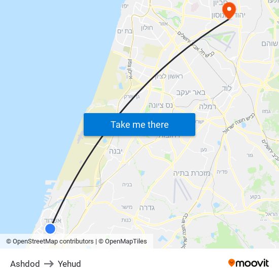 Ashdod to Yehud map