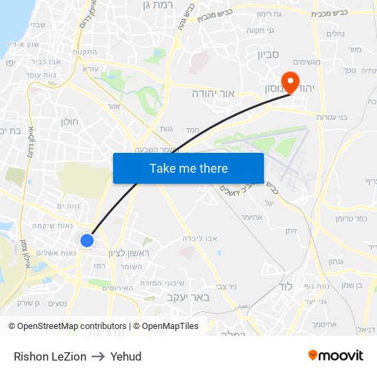 Rishon LeZion to Yehud map