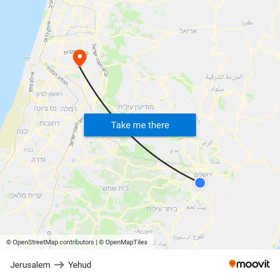 Jerusalem to Yehud map