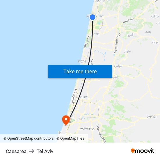 Caesarea to Tel Aviv map