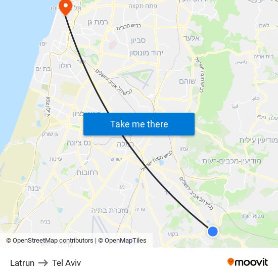 Latrun to Tel Aviv map