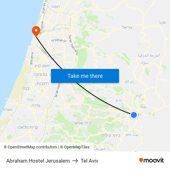 Abraham Hostel Jerusalem to Tel Aviv map