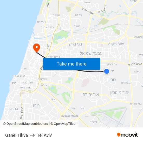 Ganei Tikva to Tel Aviv map