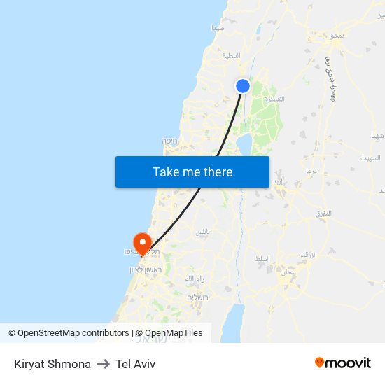 Kiryat Shmona to Tel Aviv map