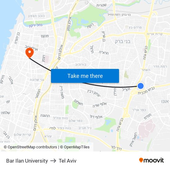 Bar Ilan University to Tel Aviv map