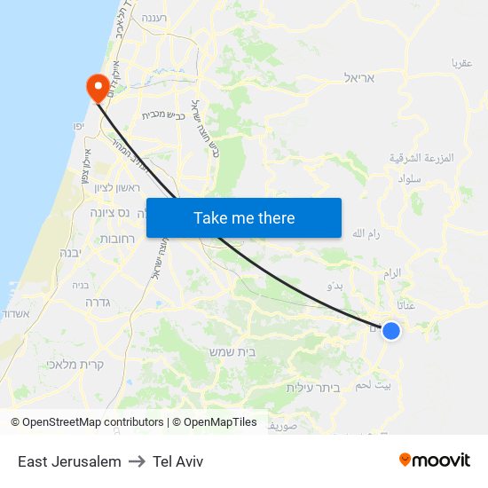 East Jerusalem to Tel Aviv map