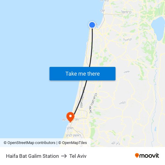 Haifa Bat Galim Station to Tel Aviv map