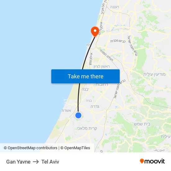 Gan Yavne to Tel Aviv map