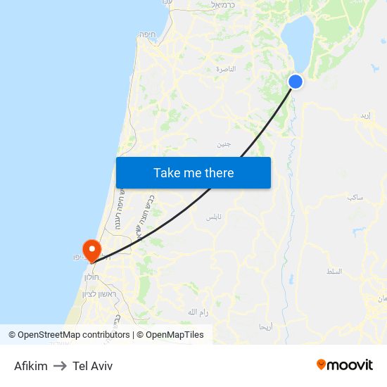 Afikim to Tel Aviv map