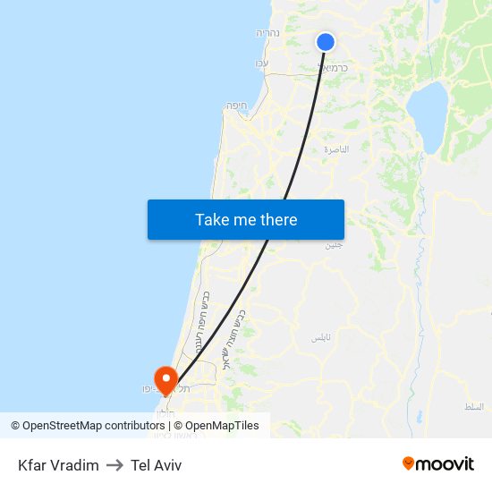 Kfar Vradim to Tel Aviv map