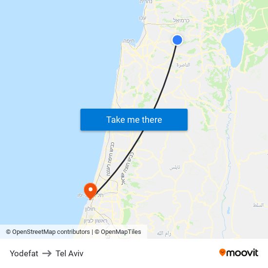 Yodefat to Tel Aviv map