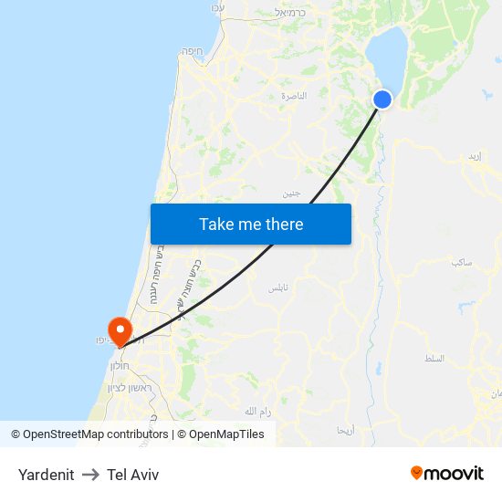 Yardenit to Tel Aviv map