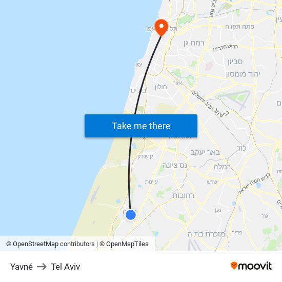 Yavné to Tel Aviv map