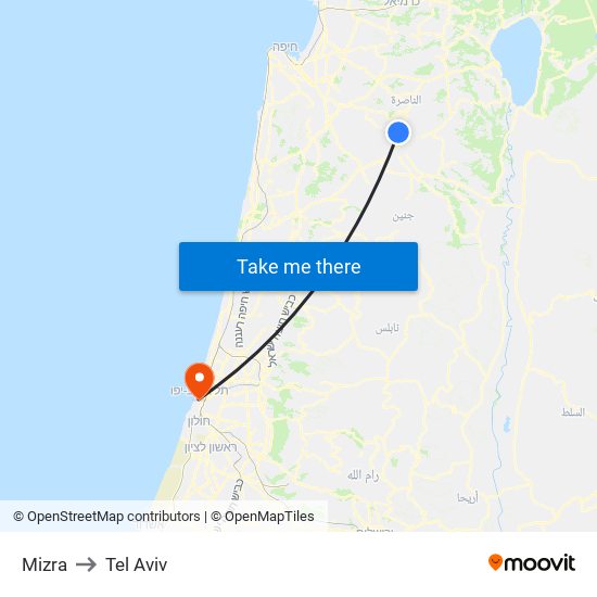 Mizra to Tel Aviv map