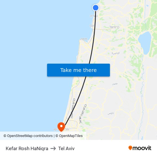 Kefar Rosh HaNiqra to Tel Aviv map