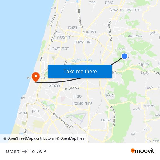 Oranit to Tel Aviv map