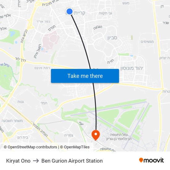 Kiryat Ono to Ben Gurion Airport Station map