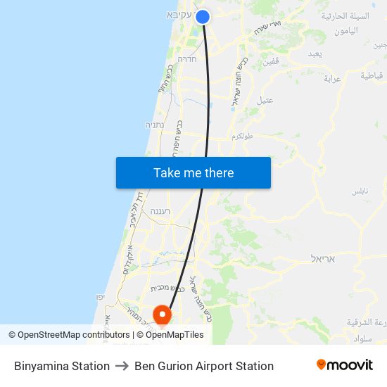 Binyamina Station to Ben Gurion Airport Station map