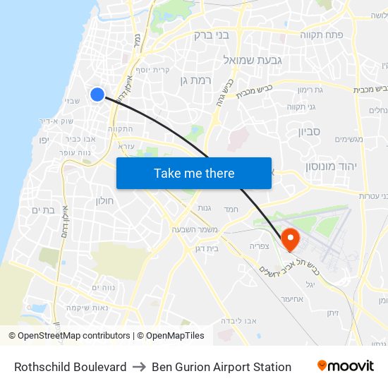 Rothschild Boulevard to Ben Gurion Airport Station map
