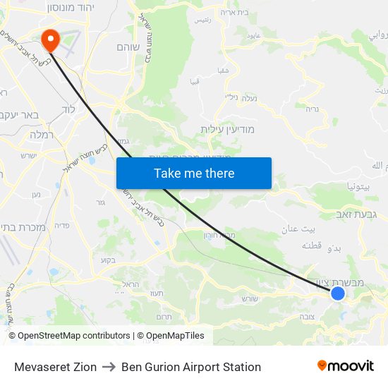 Mevaseret Zion to Ben Gurion Airport Station map