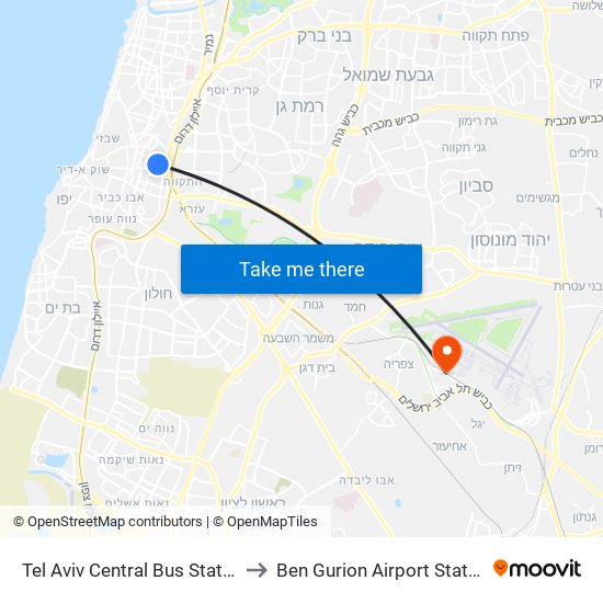 Tel Aviv Central Bus Station to Ben Gurion Airport Station map