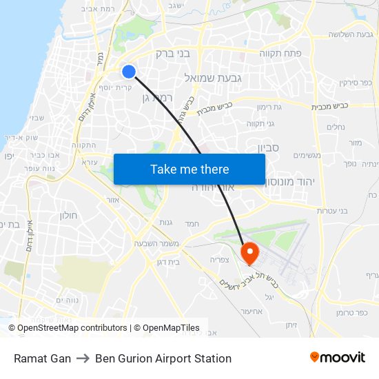 Ramat Gan to Ben Gurion Airport Station map