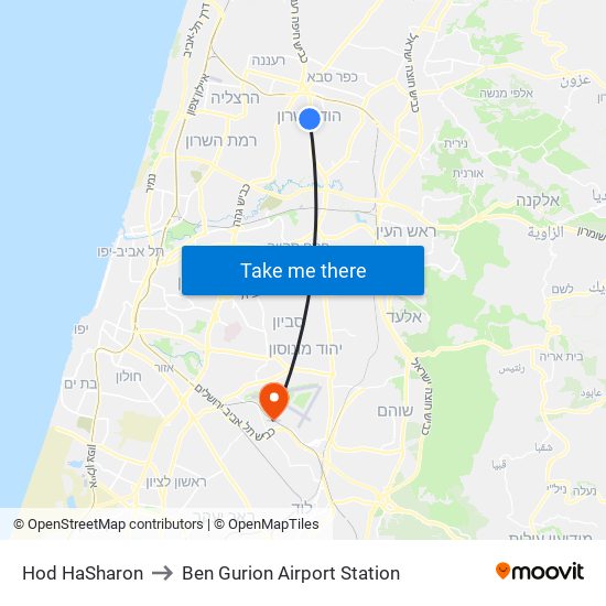 Hod HaSharon to Ben Gurion Airport Station map