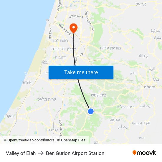 Valley of Elah to Ben Gurion Airport Station map