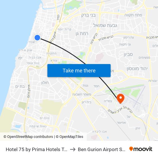 Hotel 75 by Prima Hotels Tel Aviv to Ben Gurion Airport Station map