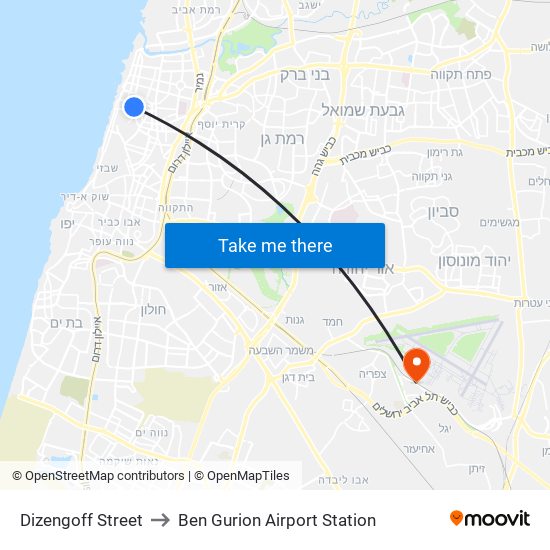 Dizengoff Street to Ben Gurion Airport Station map