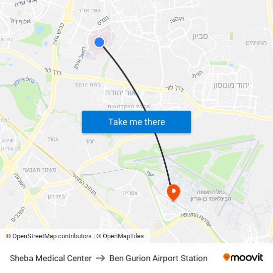 Sheba Medical Center to Ben Gurion Airport Station map