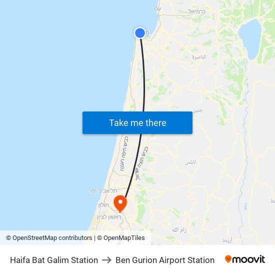 Haifa Bat Galim Station to Ben Gurion Airport Station map