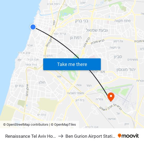 Renaissance Tel Aviv Hotel to Ben Gurion Airport Station map