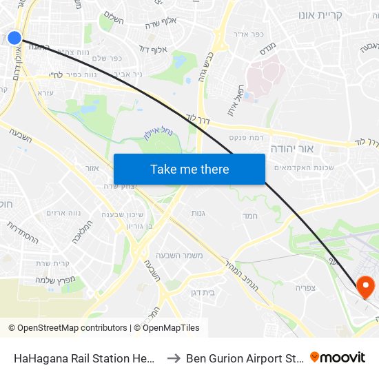 HaHagana Rail Station HeHarash to Ben Gurion Airport Station map