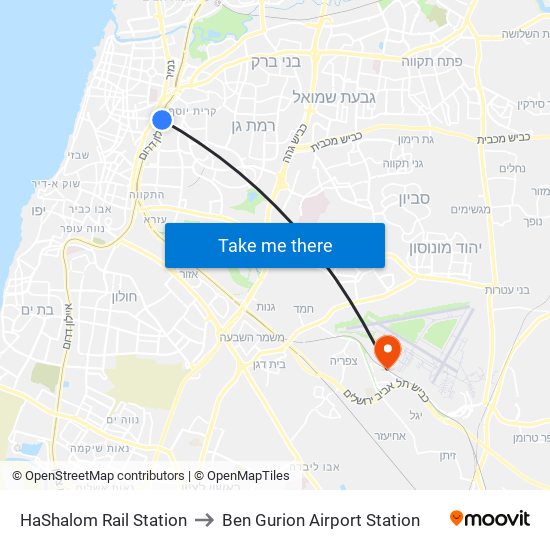 HaShalom Rail Station to Ben Gurion Airport Station map