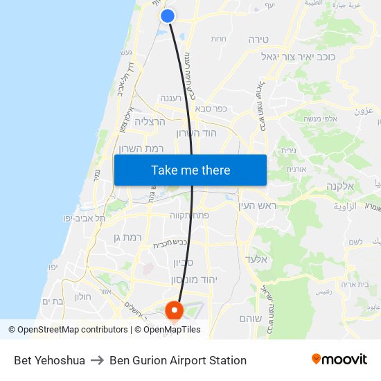 Bet Yehoshua to Ben Gurion Airport Station map