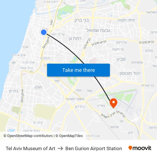 Tel Aviv Museum of Art to Ben Gurion Airport Station map