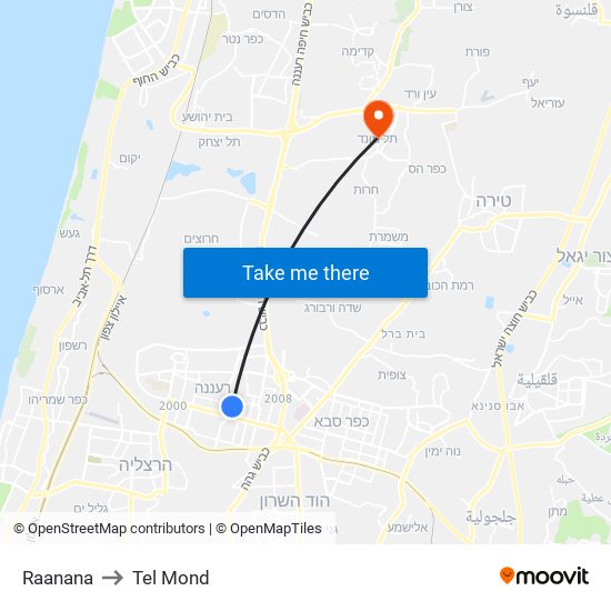 Raanana to Tel Mond map