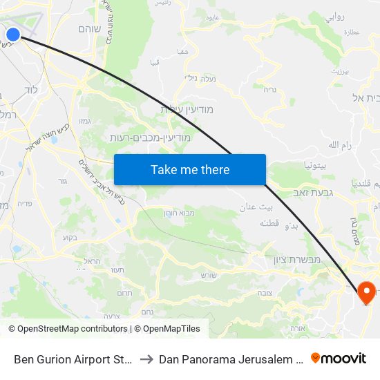 Ben Gurion Airport Station to Dan Panorama Jerusalem Hotel map