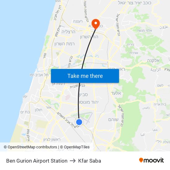 Ben Gurion Airport Station to Kfar Saba map