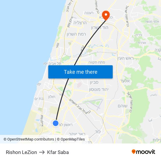 Rishon LeZion to Kfar Saba map