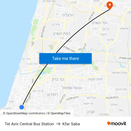 Tel Aviv Central Bus Station to Kfar Saba map