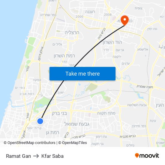 Ramat Gan to Kfar Saba map