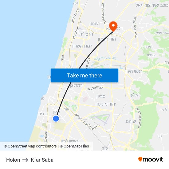 Holon to Kfar Saba map