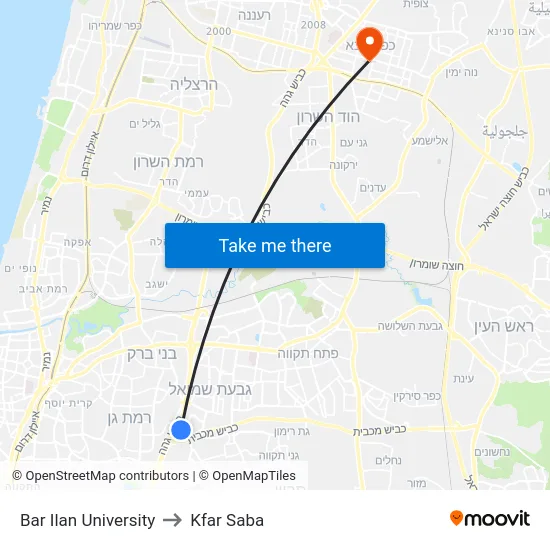 Bar Ilan University to Kfar Saba map